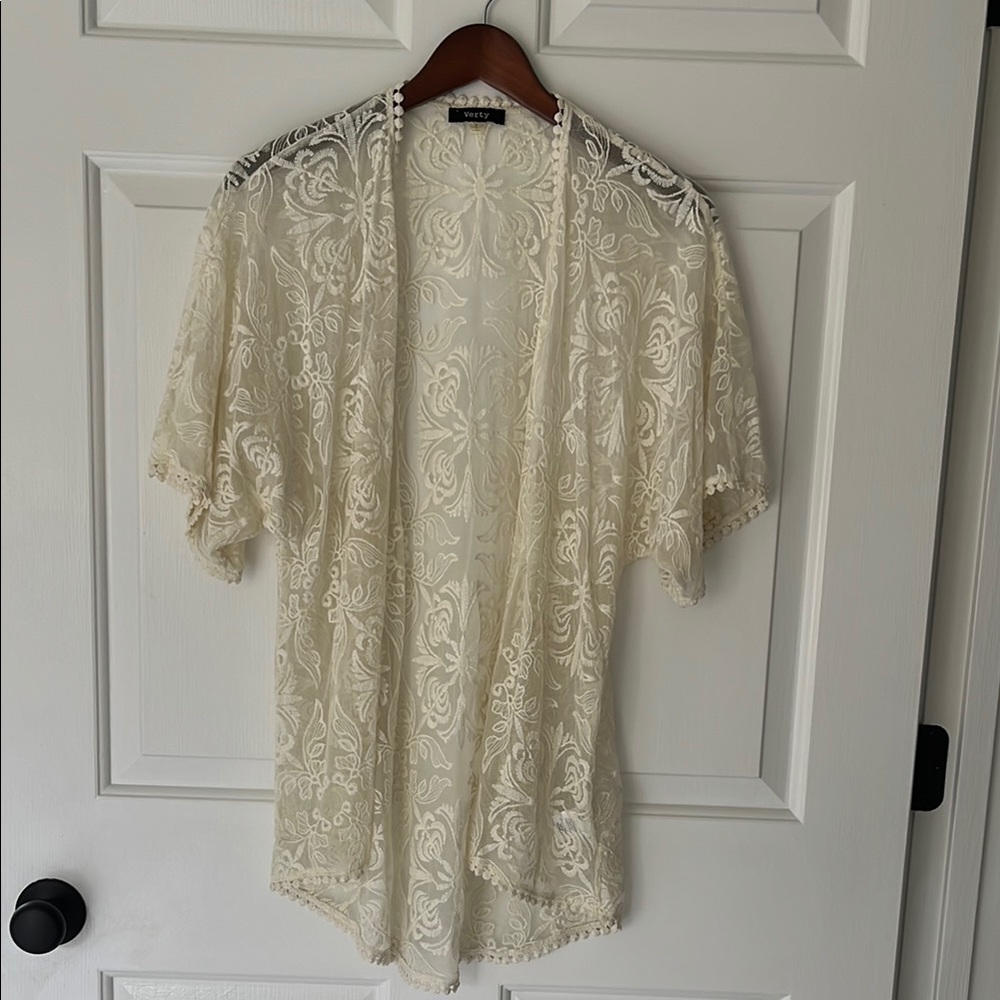 Verty Cream Lace Open Cardigan with Elegant Floral Design